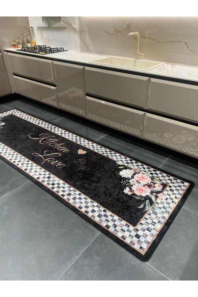 New Collection Özel Kalın Kaymaz Tabanlı Kitchen Love Yazılı Mutfak Halısı - Siyah
