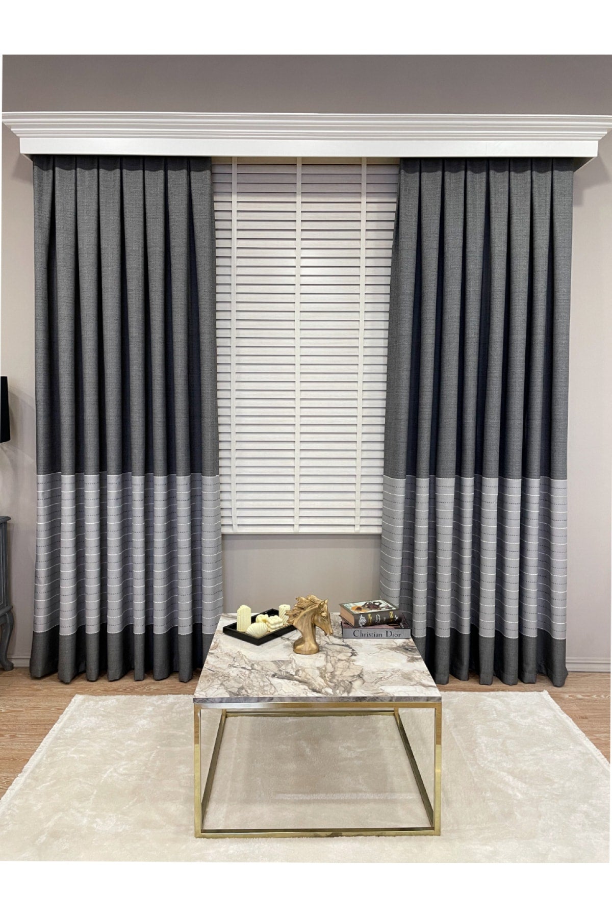 Jacquard 1/3 Dense Pleat Striped Modern Panel Print Blackout Curtain - Light Gray