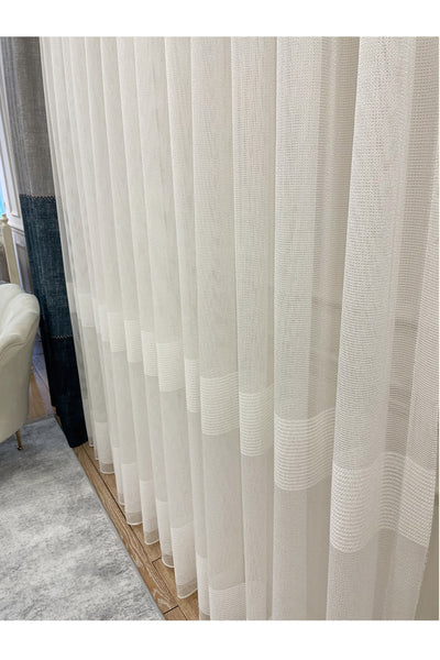Modern 2-Row Banded Chainmail Look 1/2.5 Pleat - Ecru - Cream Sheer Curtain