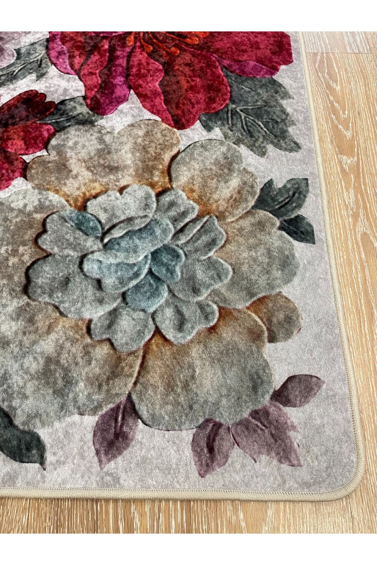 Floral Pattern Washable Decorative Round Rug - Gray