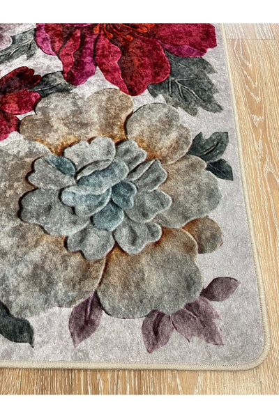 Floral Pattern Washable Decorative Round Rug - Gray