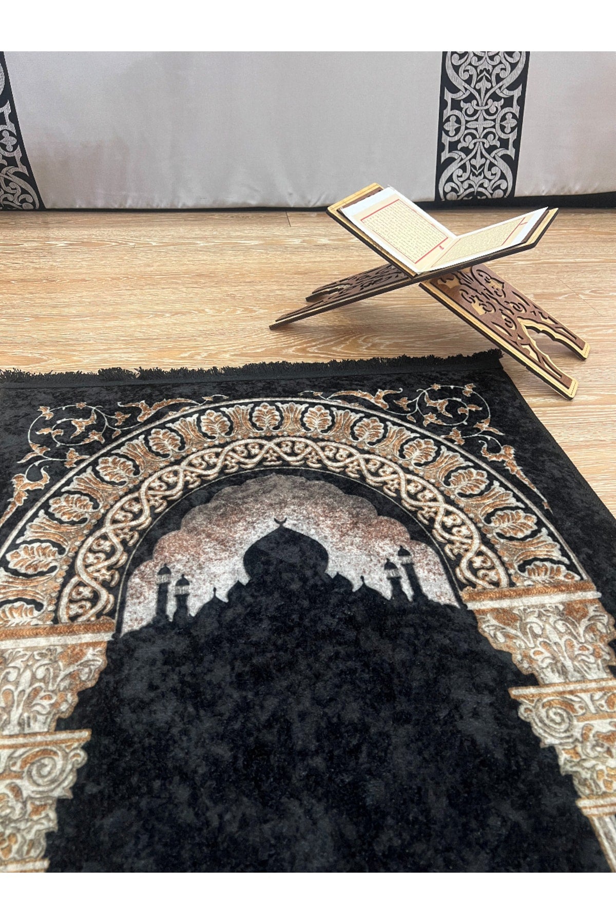 Fringed Prayer Rug (Latex Base) 75x125 Size - Black