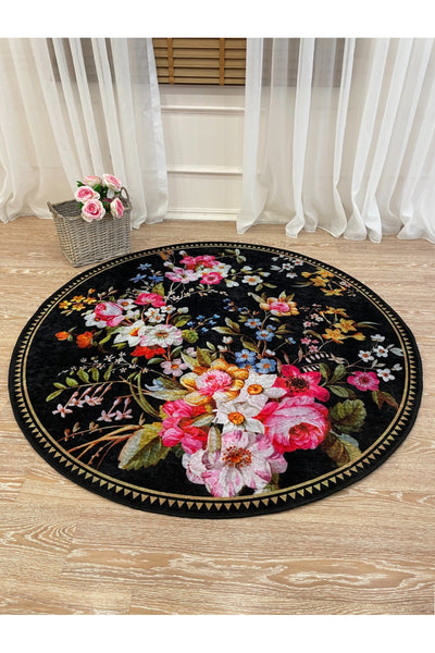Floral Pattern Decorative Leather-Backed Round Rug - Black