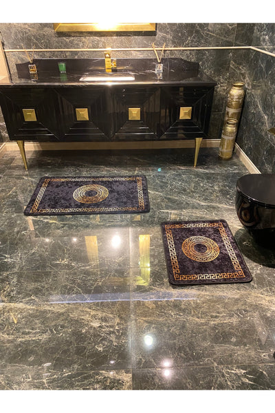 Mendes 2'li Lateks Kaymaz Taban Su Geçirmez Banyo Paspas Takımı (60x100 - 60x50) Siyah/altın