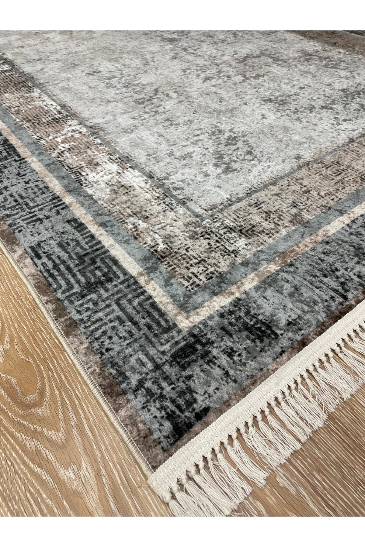 Vilmar Modern Striped Latex Leather Base Fringed Rug - Beige