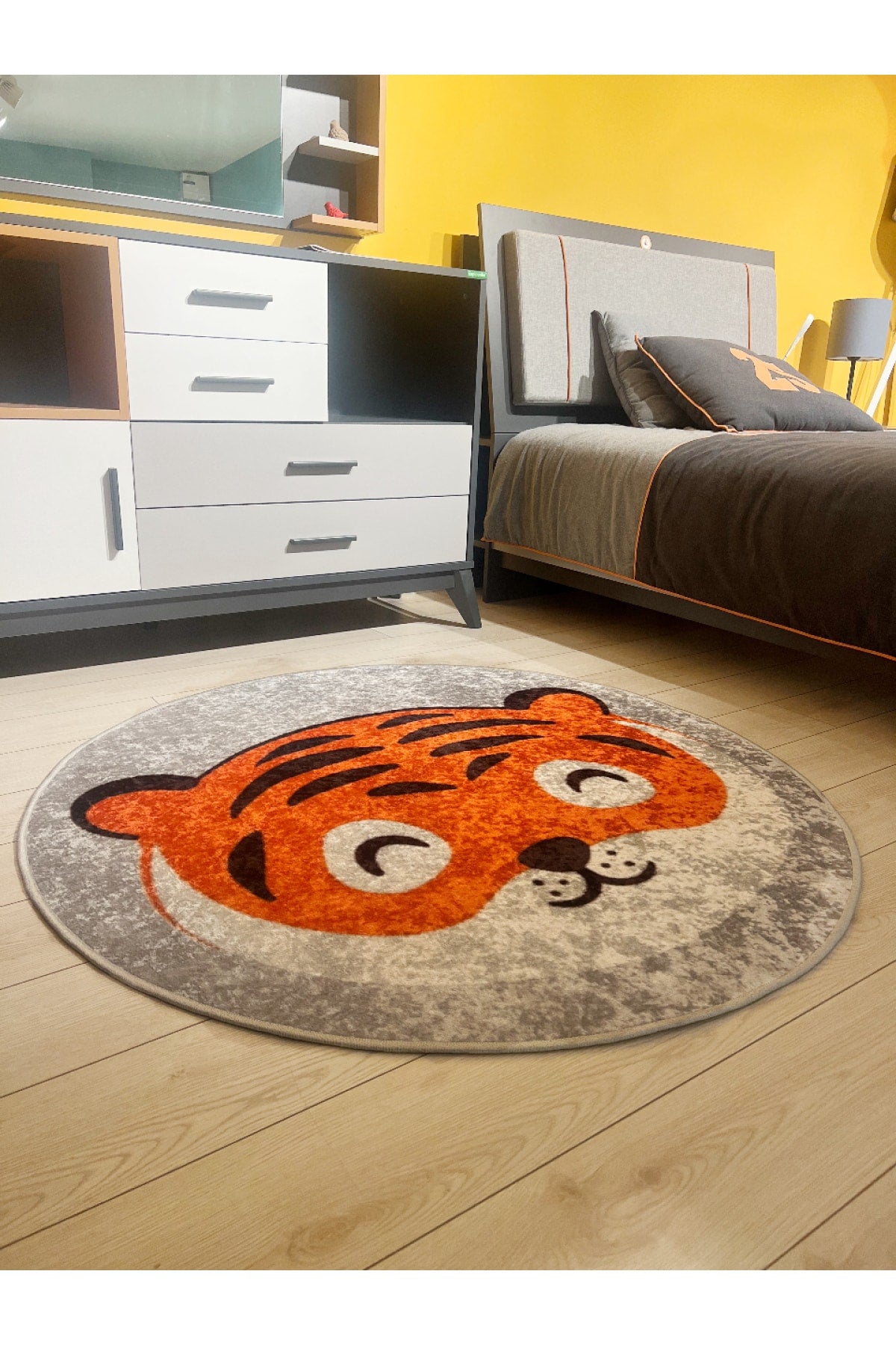 Tiger Patterned Round Washable Children's Baby Rug - Grey