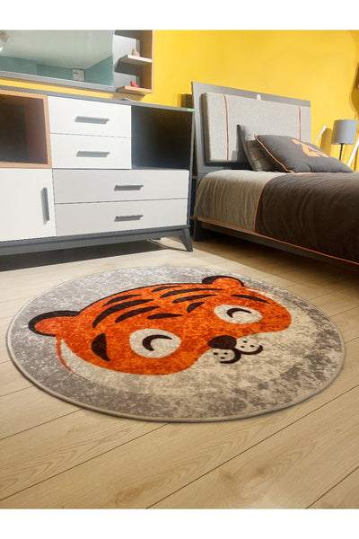 Tiger Patterned Round Washable Children's Baby Rug - Grey