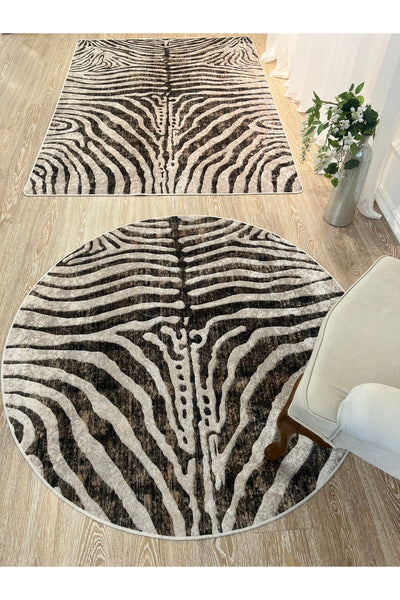 Zebra Print Round Black - Gray Decorative Rug