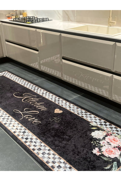 New Collection Özel Kalın Kaymaz Tabanlı Kitchen Love Yazılı Mutfak Halısı - Siyah