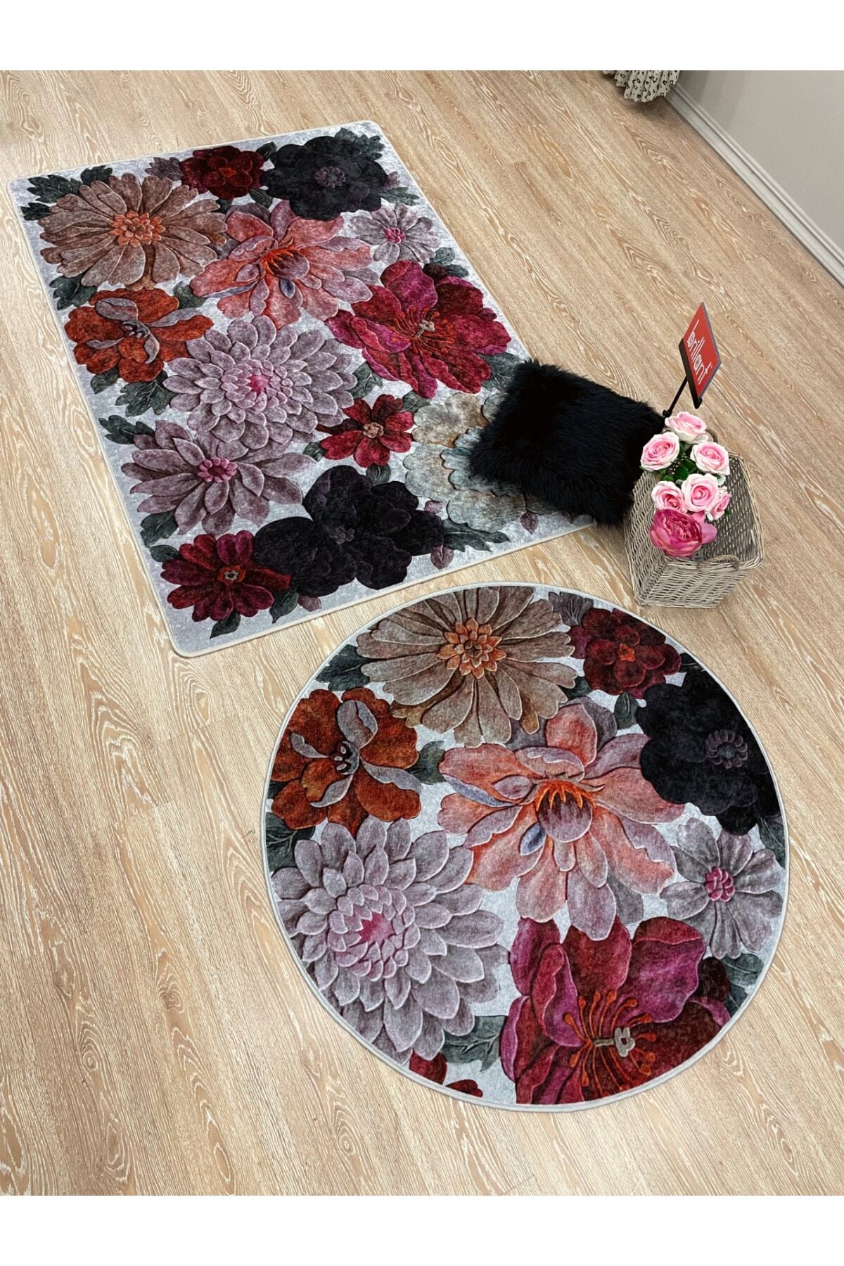 Floral Pattern Washable Decorative Round Rug - Gray