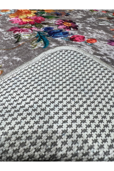 Checkered Floral Latex Non-Slip Base Kitchen Rug - Mink Brown