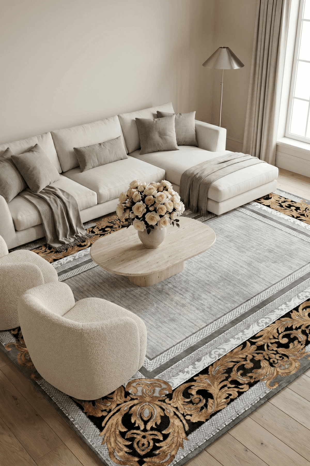 Washable Printed Montana Rug - Elegant Baroque Border Style
