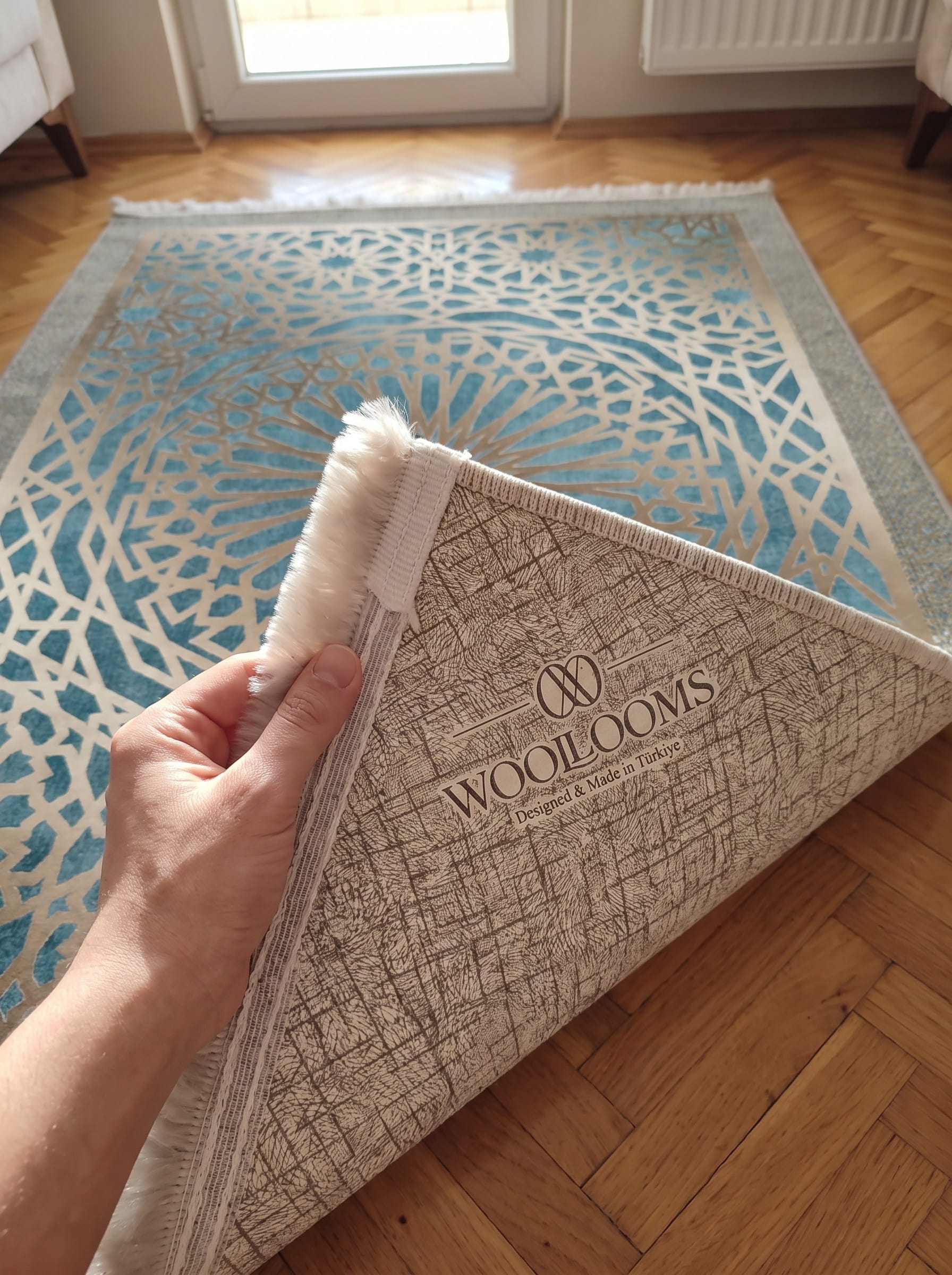 Washable Printed Marius Rug - Teal Gold Arabesque