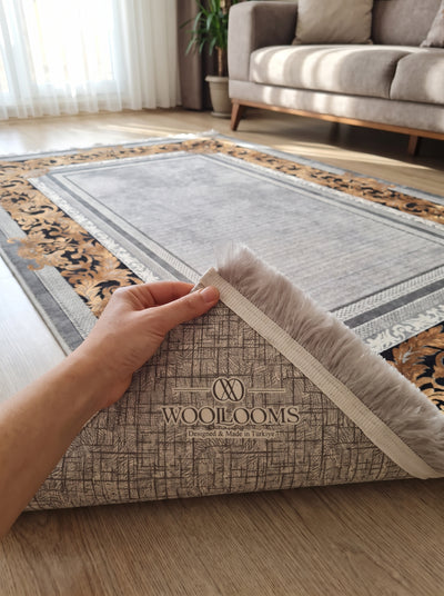Washable Printed Montana Rug - Elegant Baroque Border Style
