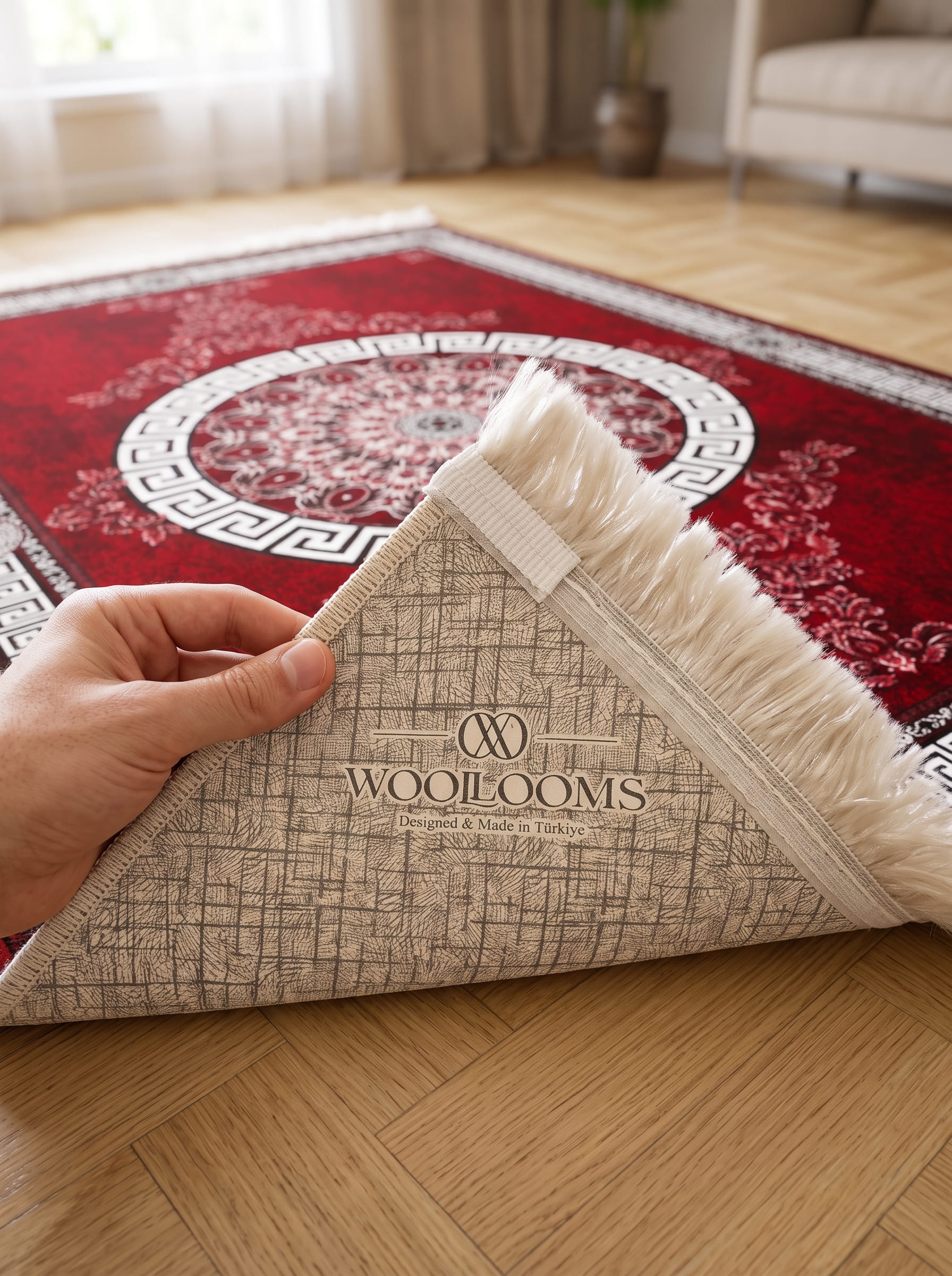 Washable Printed Falling Rug - Classic Greek Key Border