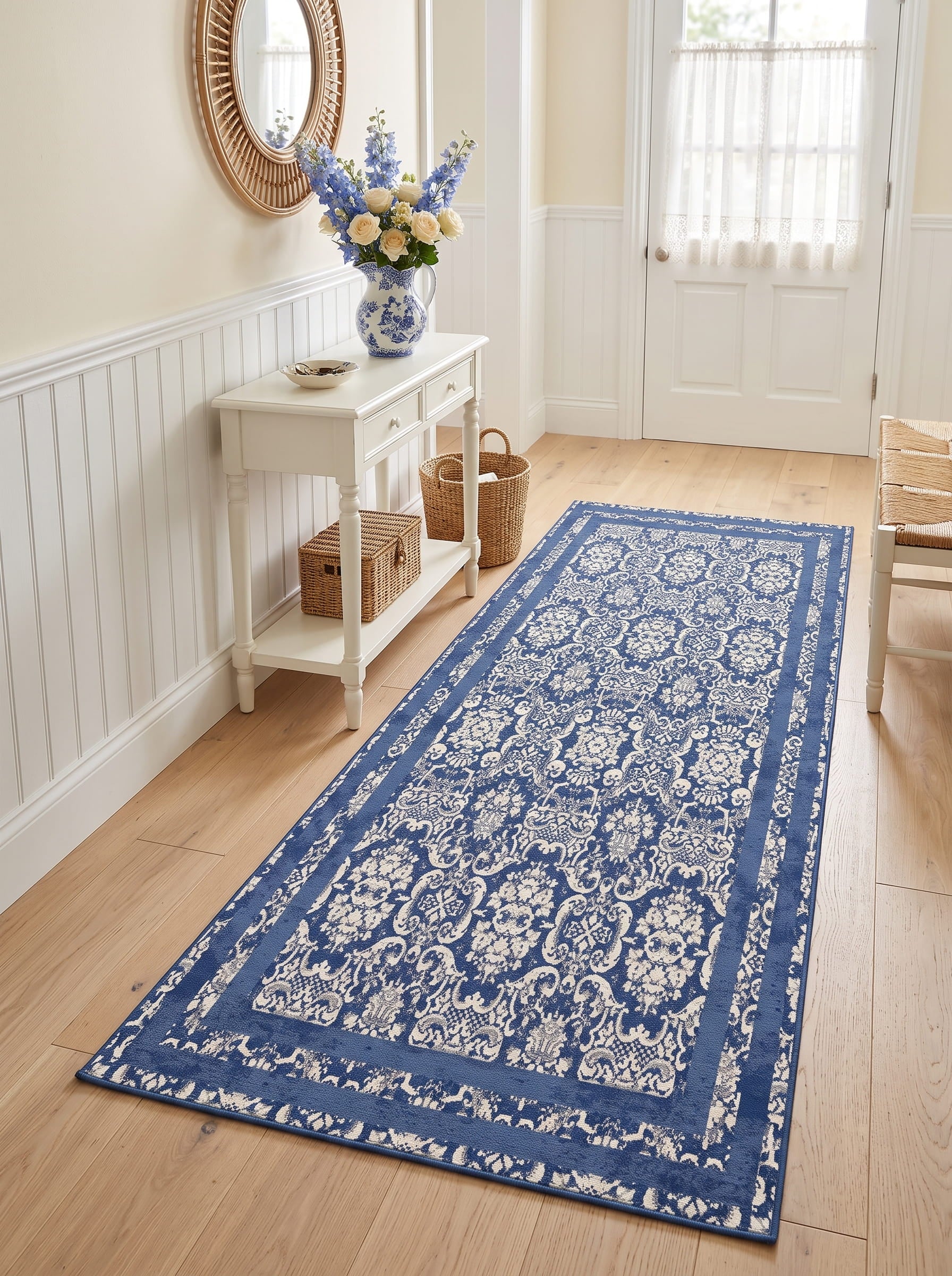 Washable Printed Glady Area Rug - Classic Damask Border Style