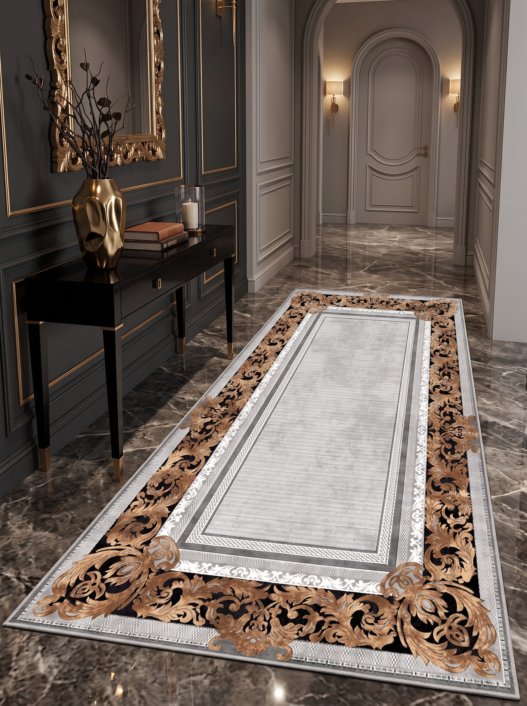 Montana Washable Area Rug – Grey & Gold / Elegant Baroque Border Style