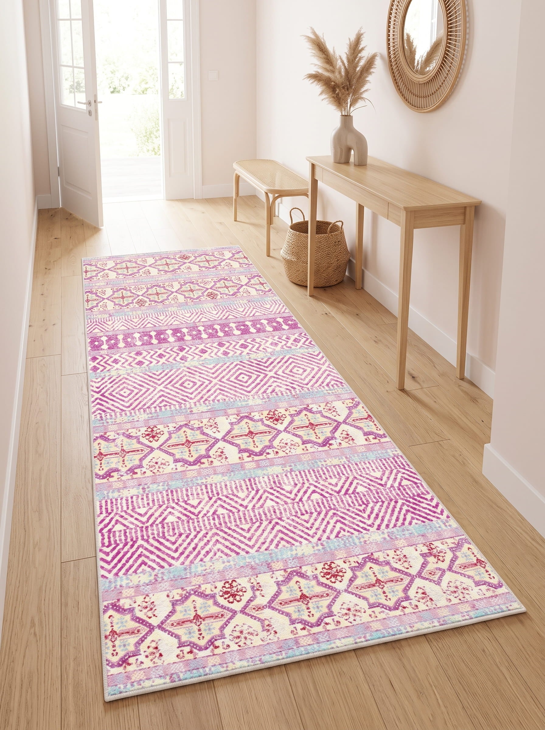 Burns Washable Area Rug – Pink / Tribal Geometric Stripes