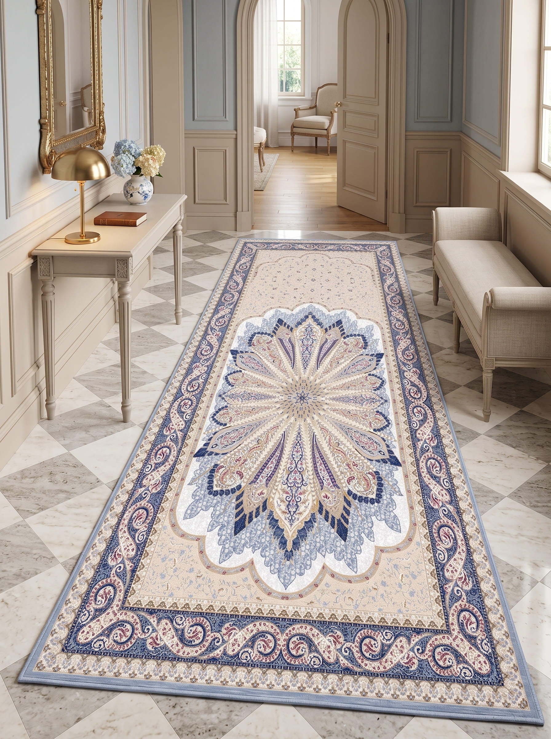 Luvinda Washable Area Rug – Blue & Beige / Grand Star Medallion