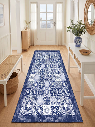Zumre Washable Area Rug – Indigo / Mediterranean Mosaic Style
