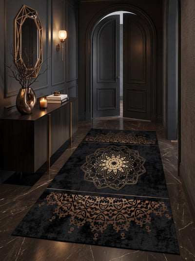 Valente Washable Area Rug – Black & Gold / Mystic Celestial Style