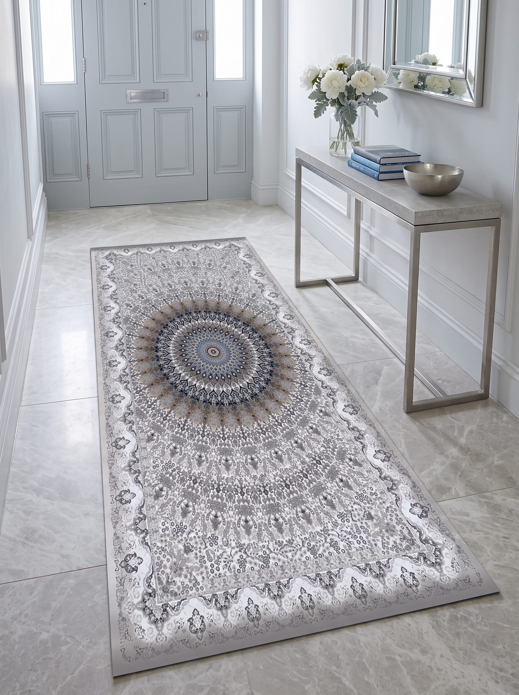 Turgutlu Washable Area Rug / Intricate Mandala Centerpiece – Grey & Blue