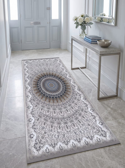 Turgutlu Washable Area Rug / Intricate Mandala Centerpiece – Grey & Blue