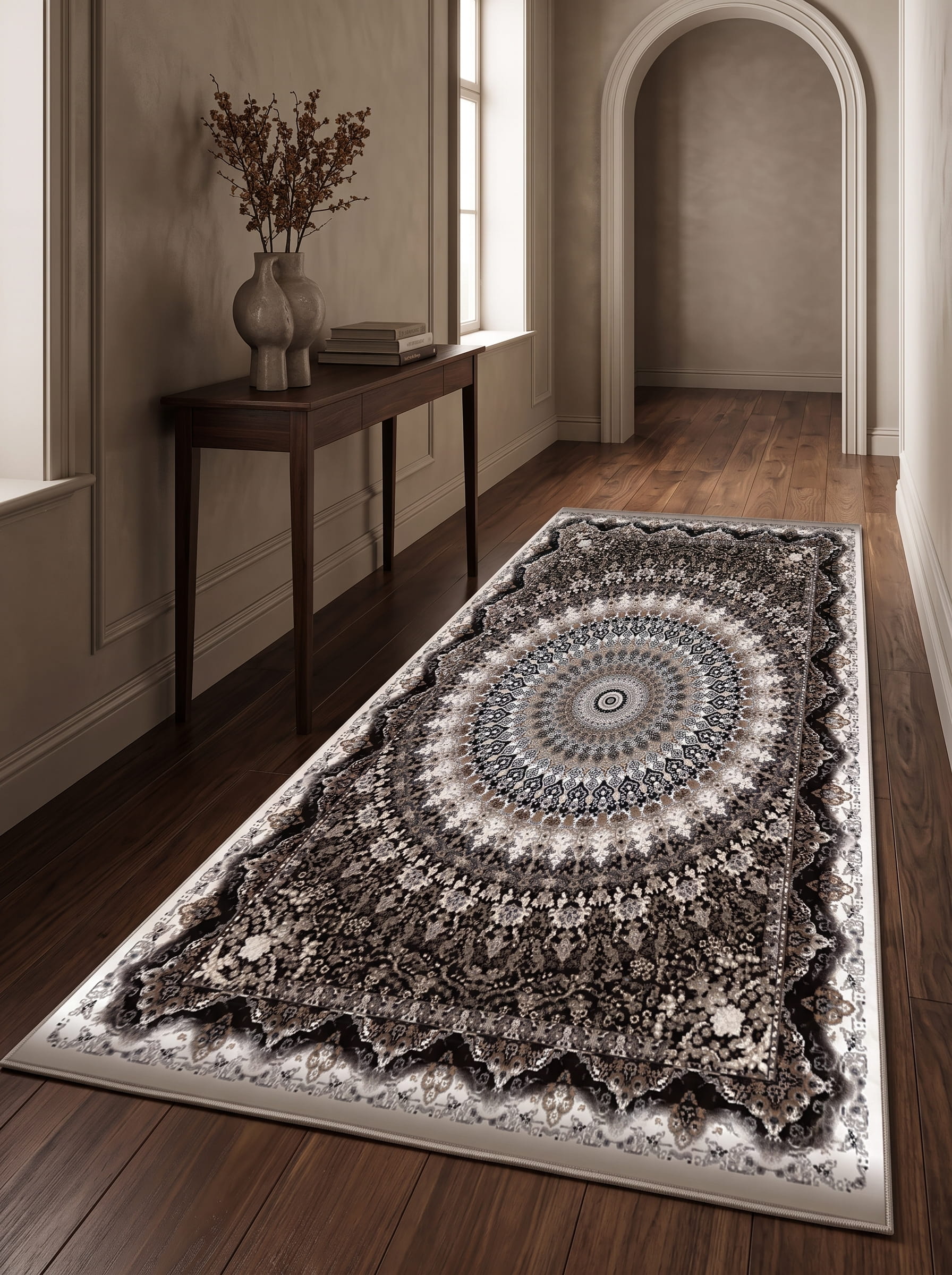 Turgutlu Washable Area Rug / Intricate Mandala Centerpiece – Brown & Beige