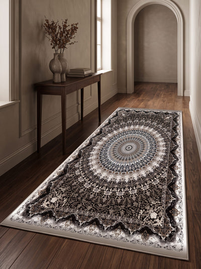 Turgutlu Washable Area Rug / Intricate Mandala Centerpiece – Brown & Beige