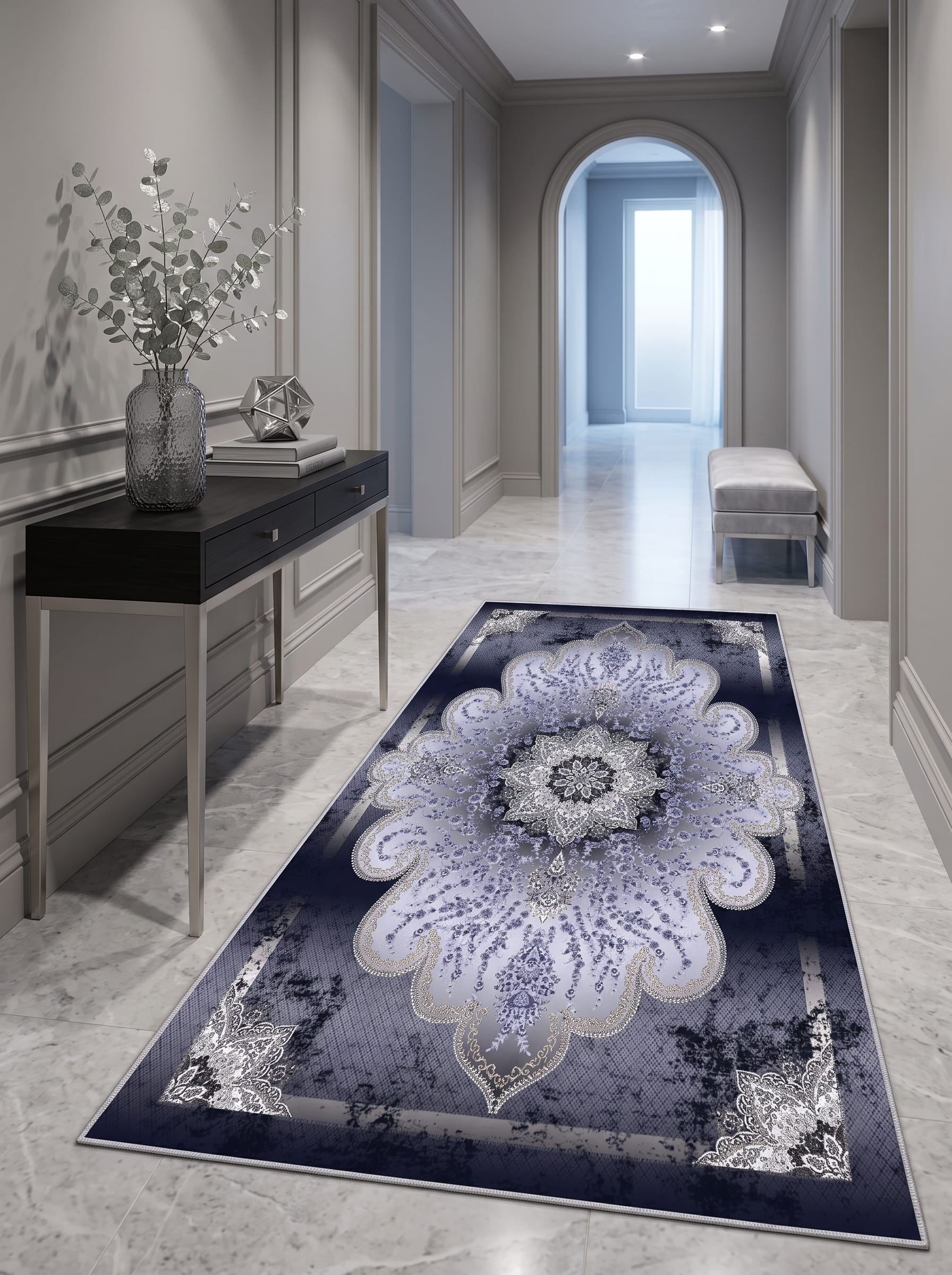 Luiza Washable Area Rug – Vintage Distressed – Navy & Grey