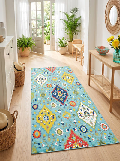 Paletta Washable Area Rug – Aqua Blue / Boho Floral Medallion