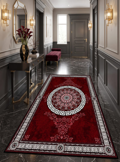 Falling Washable Area Rug – Red / Classic Greek Key Border