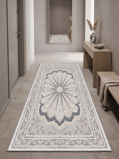 Eloise Washable Area Rug – Grey & Beige / Starburst Medallion