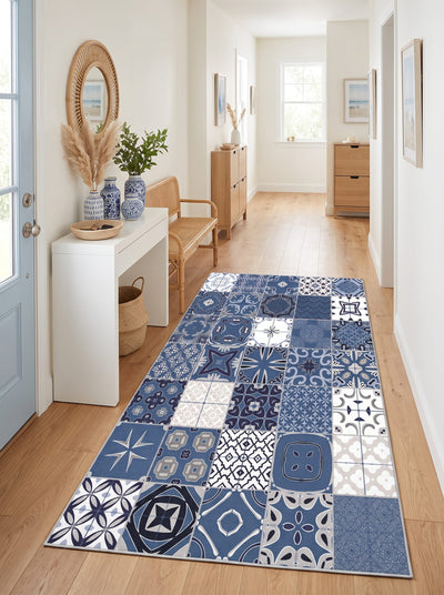 Livera Washable Area Rug – Blue / Mediterranean Patchwork Style