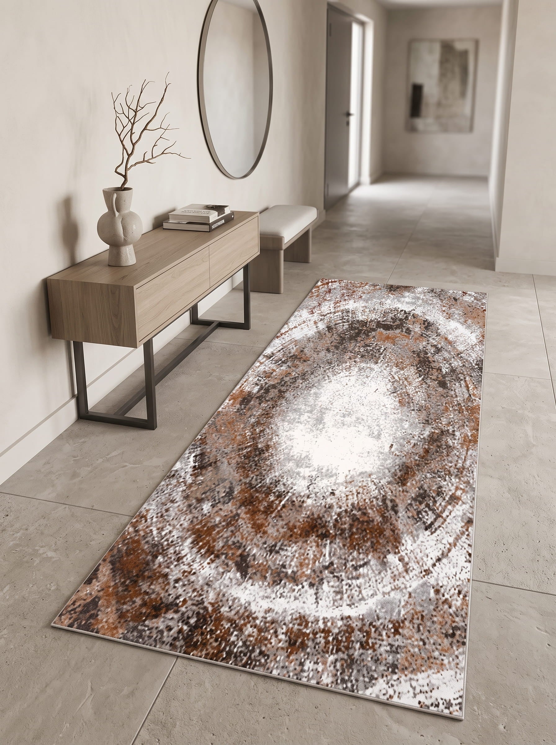 Magusa Washable Area Rug – Grey & Gold / Modern Organic Circle Design