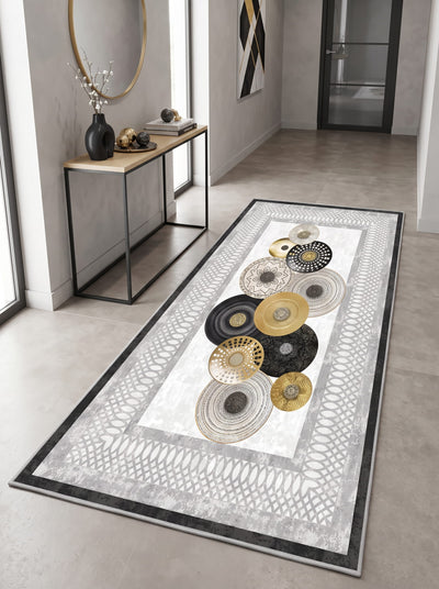 Gonzales Washable Area Rug – Grey & Gold / Modern Abstract Disc  Design