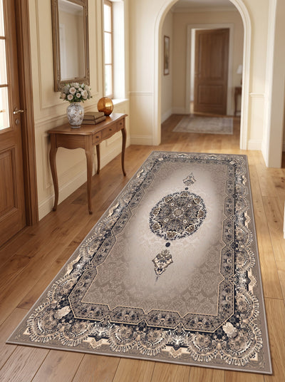 Sementa Washable Area Rug – Traditional Medallion Style – Brown & Beige