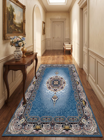 Sementa Washable Area Rug – Traditional Medallion Style – Blue & Grey